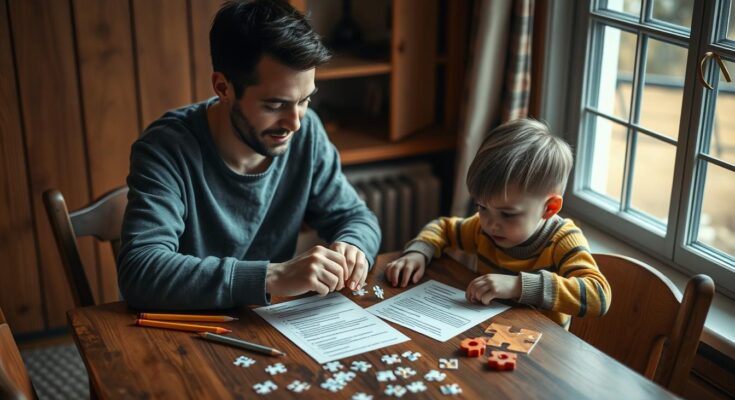 Dziecko i dorosły wspólnie rozwiązujący zagadki logiczne przy stole