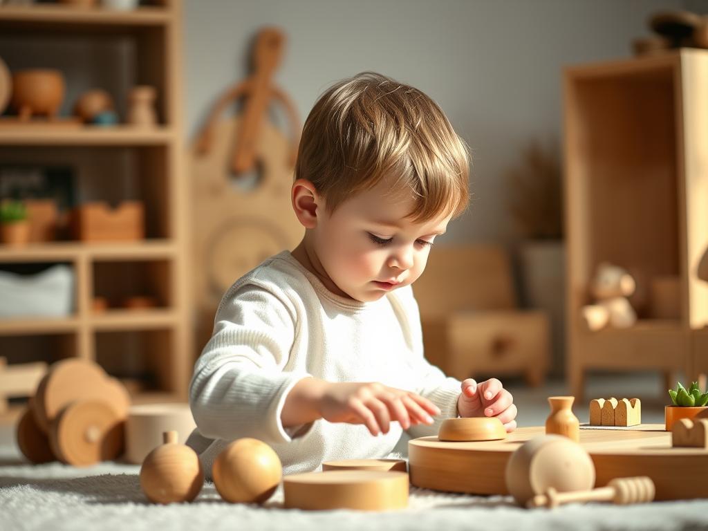 Dziecko samodzielnie odkrywające świat poprzez zabawę edukacyjną, w duchu filozofii Montessori