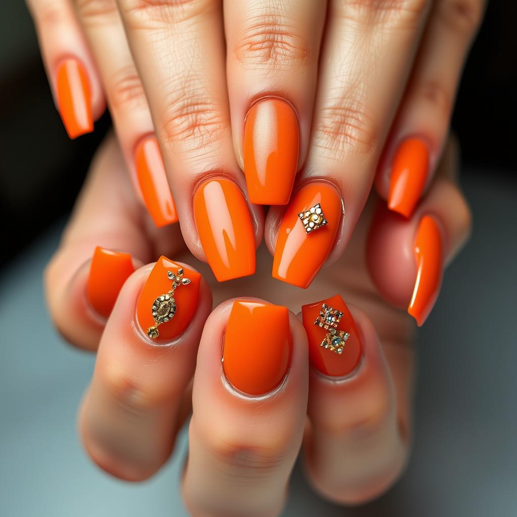 Eleganckie pomarańczowe paznokcie ze złotymi zdobieniami na specjalne okazje