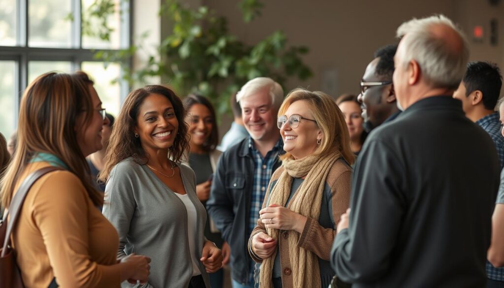 Grupa osób poznających się podczas spotkania integracyjnego, uśmiechnięci i otwarci na nowe znajomości