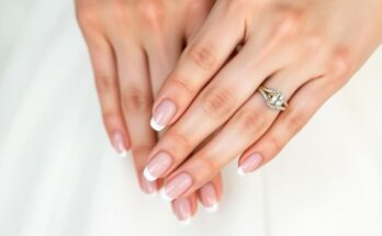 Klasyczne paznokcie ślubne french manicure z delikatnym złotym akcentem