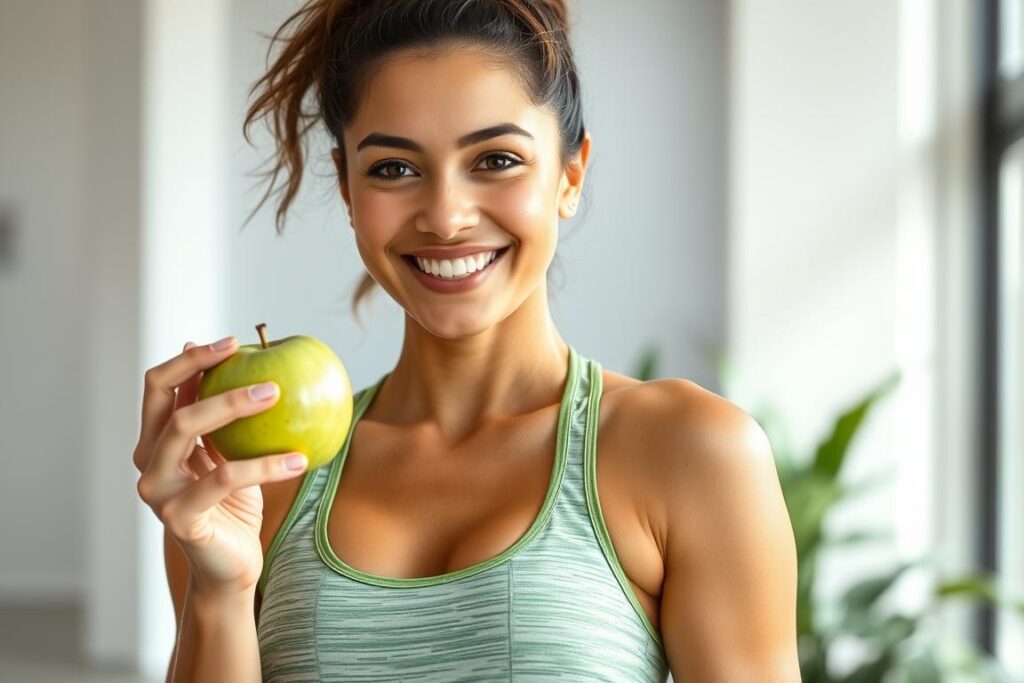 Kobieta trzymająca jabłko - jadłam same jabłka schudłam
