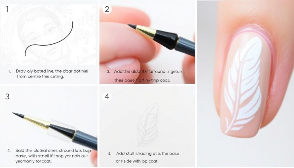 Krok po kroku malowanie wzoru piórka na paznokciach cienkim pędzelkiem