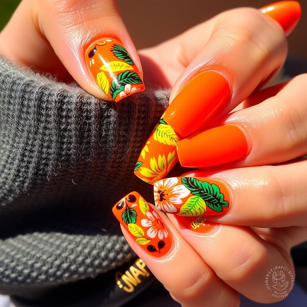 Letnie neonowe pomarańczowe paznokcie z tropikalnymi wzorami