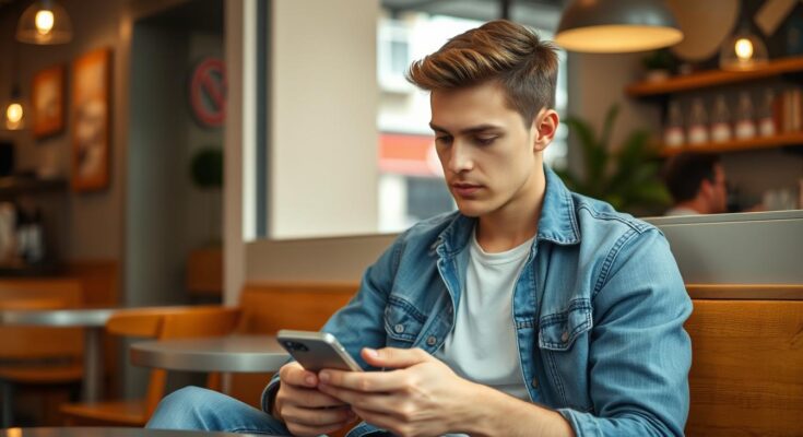 Mężczyzna zastanawiający się nad tekstem na podryw w kawiarni