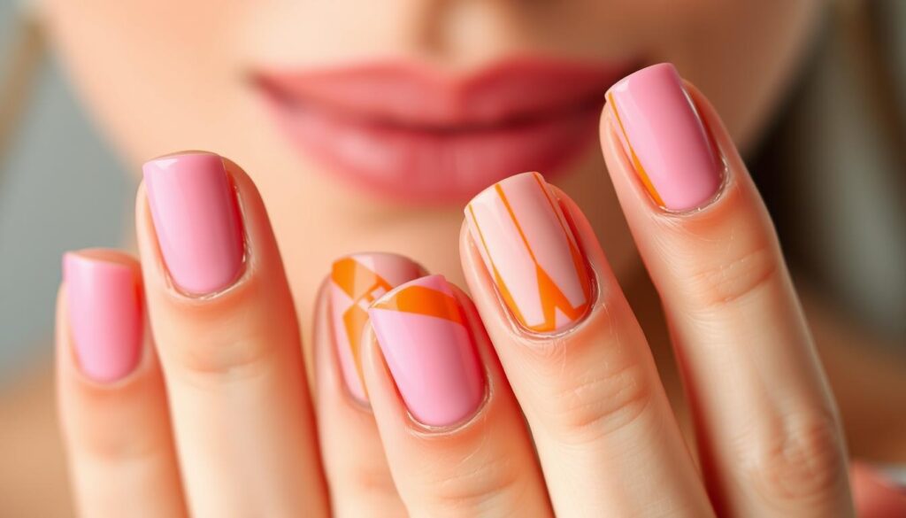 Naprzemienne różowe i pomarańczowe paznokcie z geometrycznymi wzorami