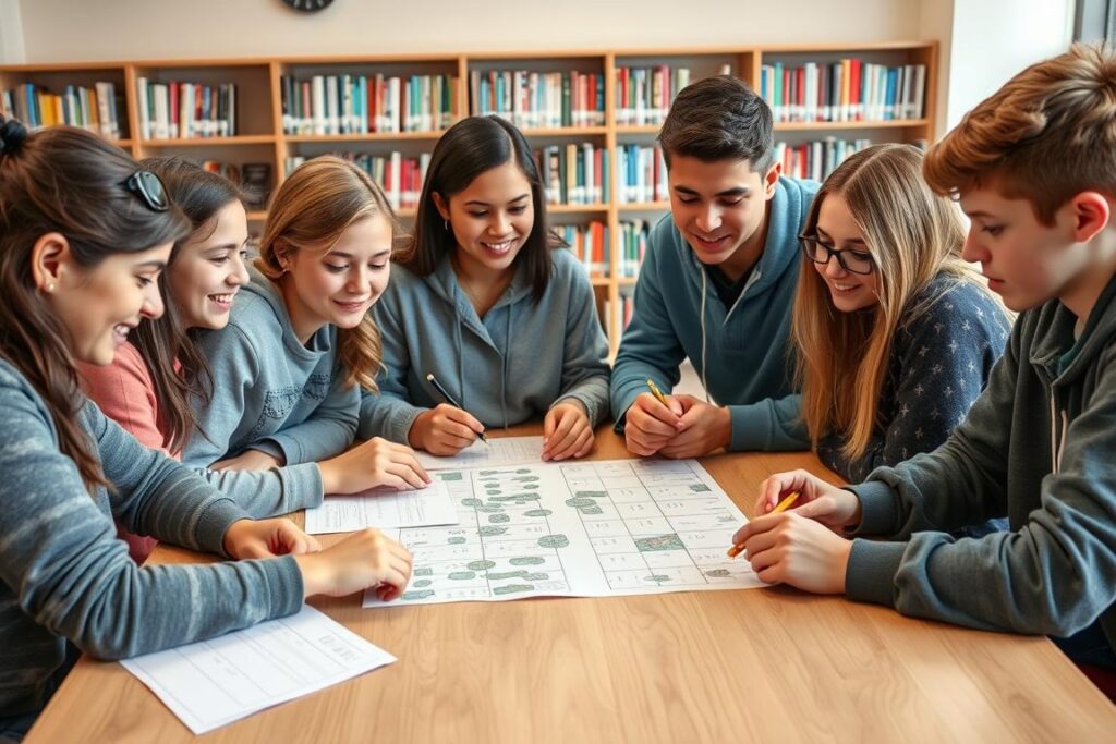 Nastolatki rozwiązujące zagadki logiczne w grupie
