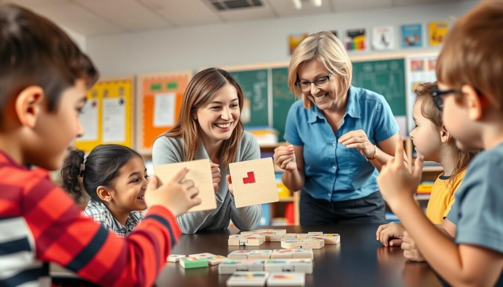 Nauczyciel wykorzystujący zagadki logiczne podczas lekcji z dziećmi