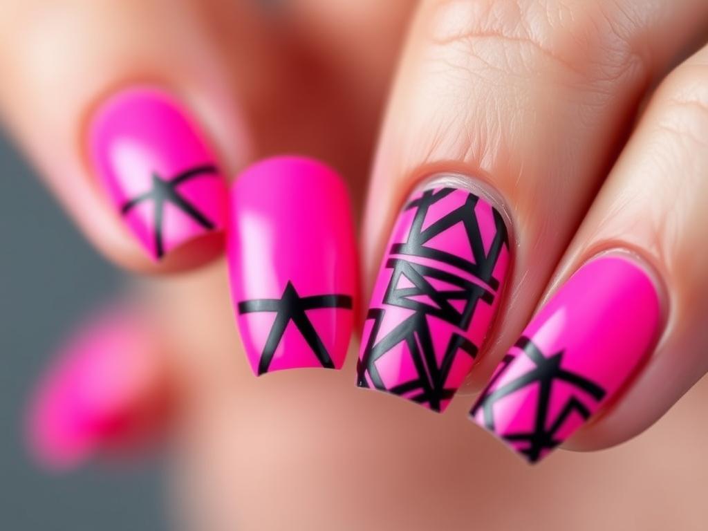 Neonowe różowe paznokcie z czarnymi geometrycznymi wzorami