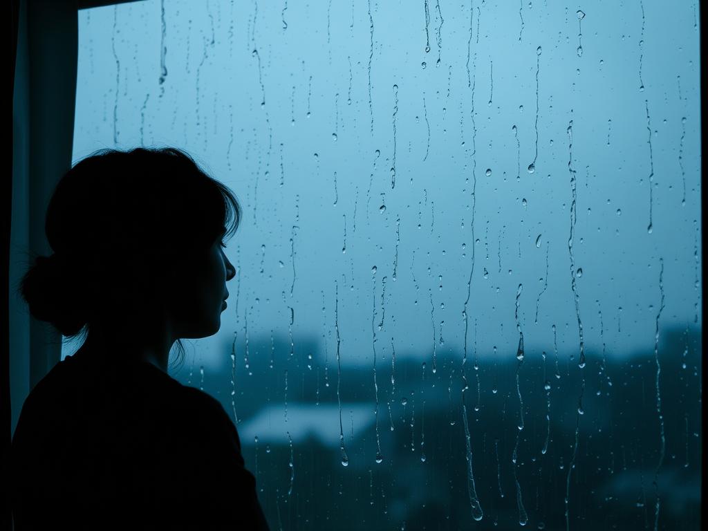Osoba patrząca przez okno w deszczowy dzień, symbolizująca smutek po pożegnaniu przyjaciela