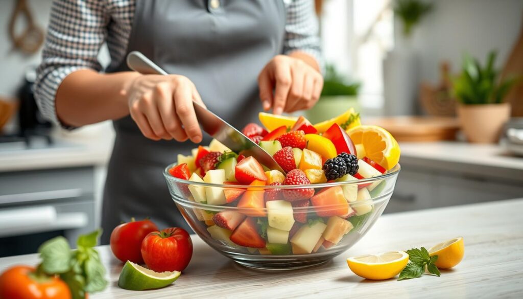Osoba przygotowująca sałatkę owocową - jak jeść owoce żeby nie przytyć