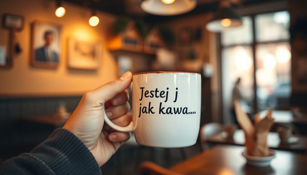 Osoba trzymająca kubek kawy z napisem 'Jesteś jak kawa...'