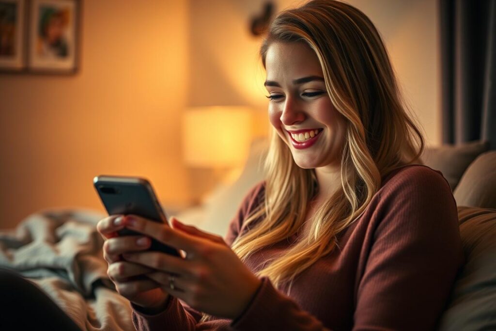 Osoba uśmiechająca się podczas pisania sprośnej wiadomości na telefonie