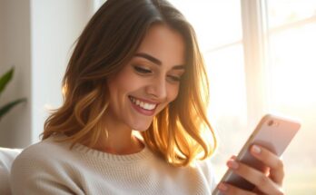 Osoba z uśmiechem czytająca SMS na dzień dobry na swoim telefonie