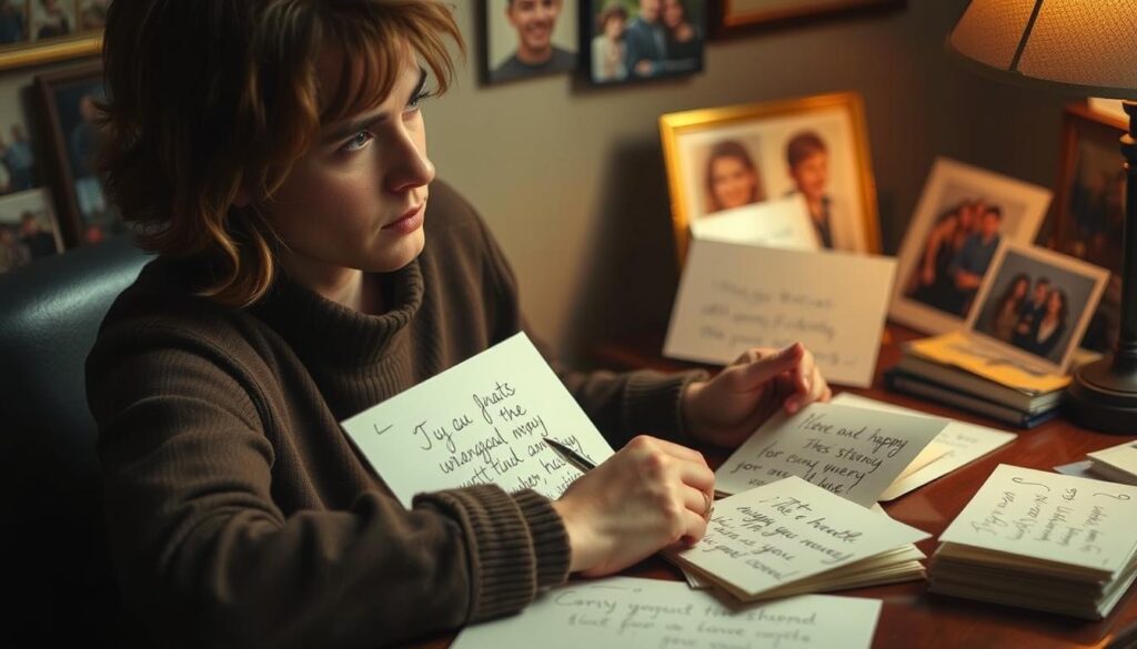 Osoba zastanawiająca się nad wyborem odpowiedniego cytatu na pożegnanie przyjaciela