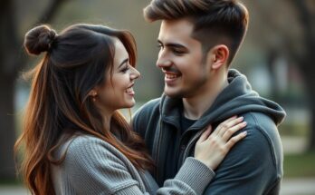 Para młodych ludzi przytulająca się i uśmiechająca się do siebie, chłopak czule patrzy na dziewczynę