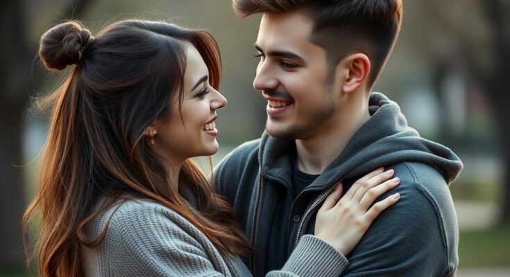 Para młodych ludzi przytulająca się i uśmiechająca się do siebie, chłopak czule patrzy na dziewczynę