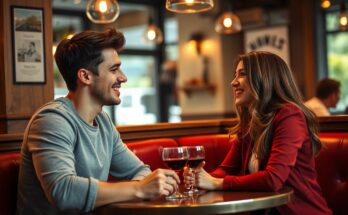 Para na pierwszej randce w kawiarni prowadząca ożywioną rozmowę