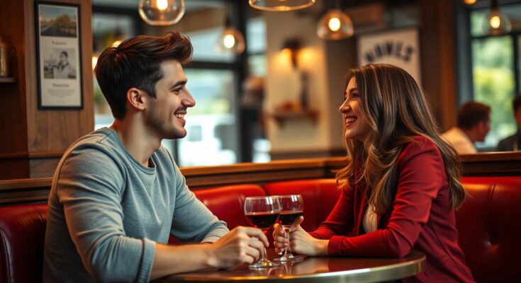 Para na pierwszej randce w kawiarni prowadząca ożywioną rozmowę