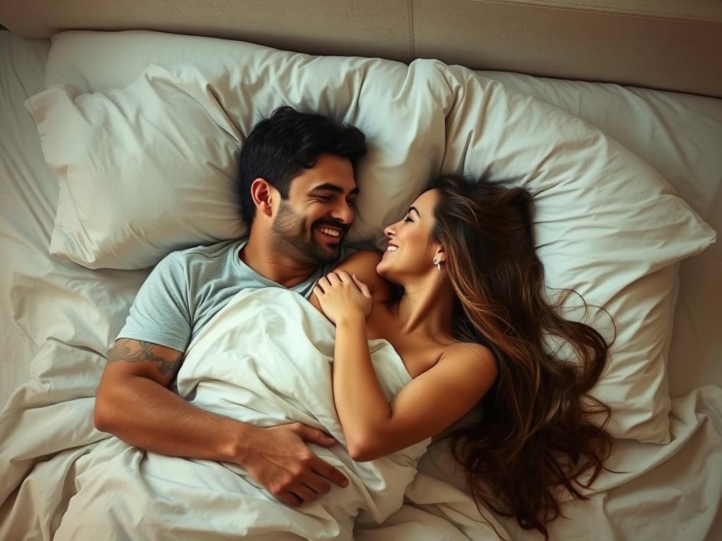Para przytulająca się po seksie, rozmawiająca i uśmiechająca się do siebie