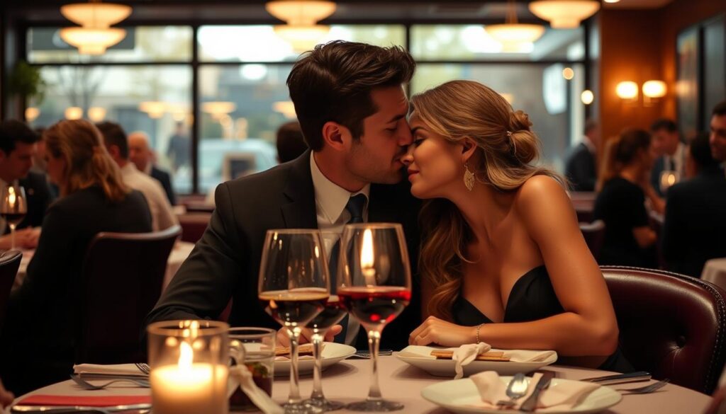Para szeptająca sobie do ucha podczas kolacji w restauracji