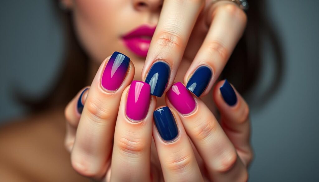 Paznokcie łączące fuksję z granatowymi akcentami