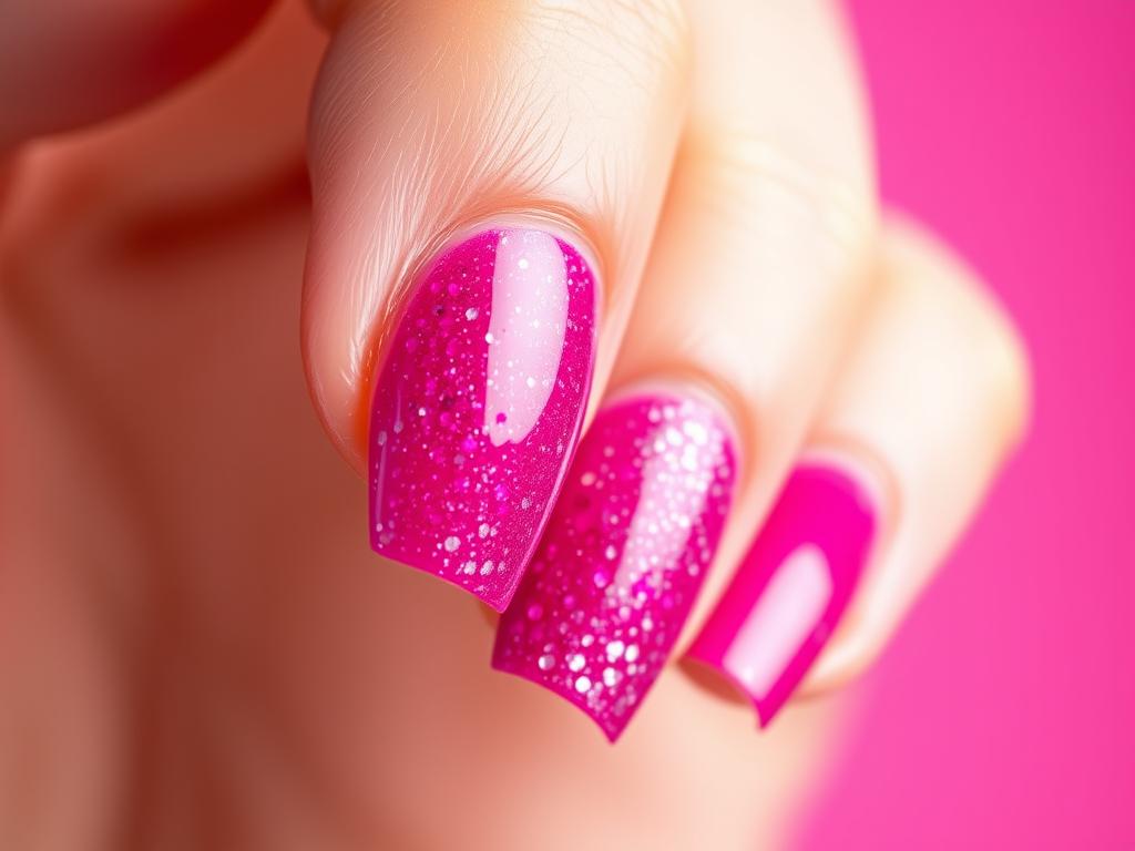 Paznokcie w kolorze fuksji z brokatowymi akcentami