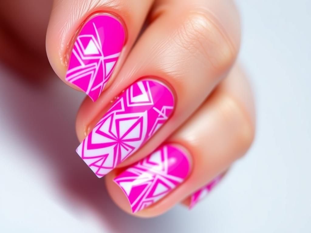 Paznokcie w kolorze fuksji z geometrycznymi wzorami