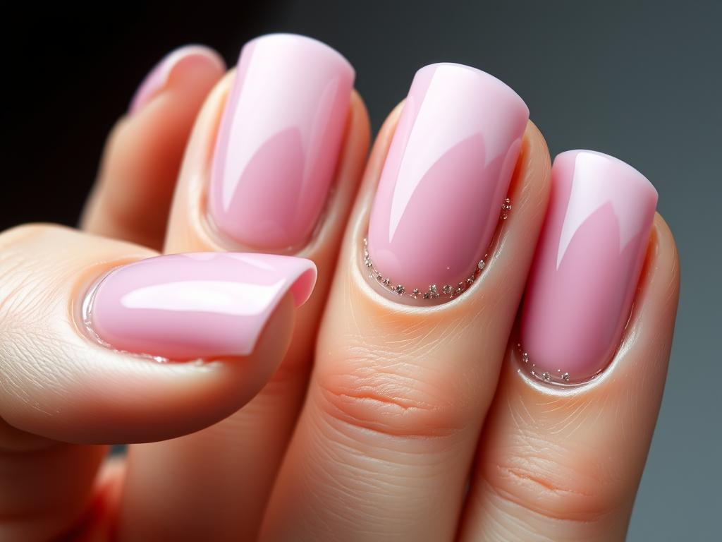Paznokcie w odcieniu pudrowego różu z delikatnym brokatowym akcentem