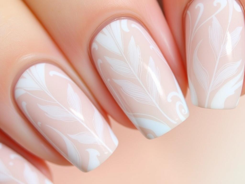 Paznokcie z efektem piórka wykonanym techniką marmurku w różnych kolorach