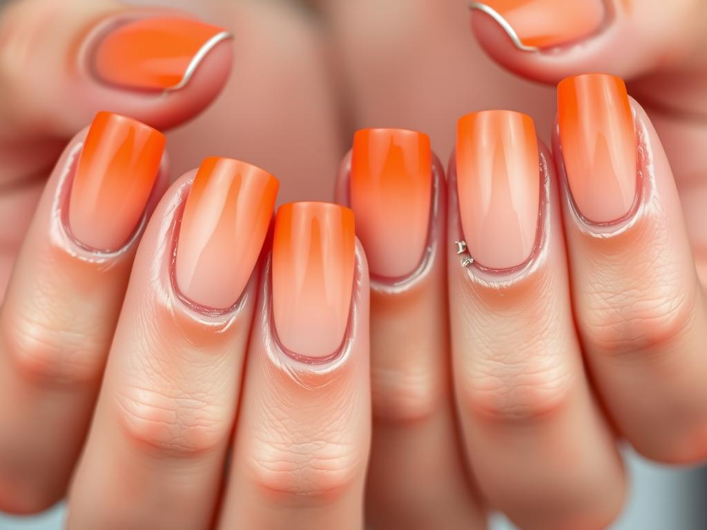 Paznokcie z gradientem od intensywnego pomarańczowego do jasnego brzoskwiniowego