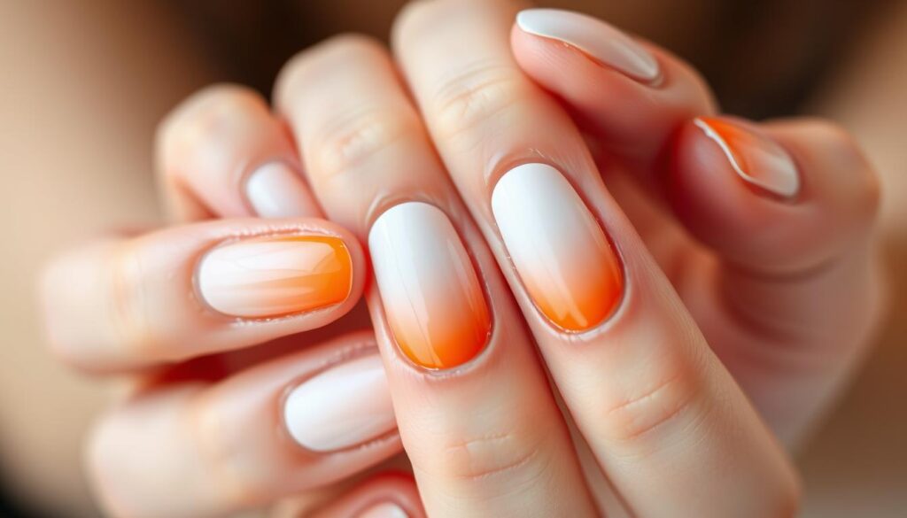Paznokcie z gradientem od pomarańczowego do białego