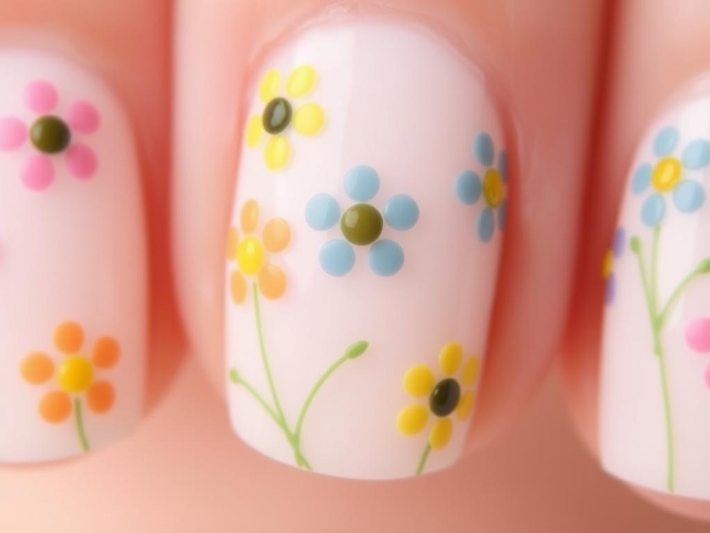 Paznokcie z kwiatkami utworzonymi z kropek w różnych kolorach