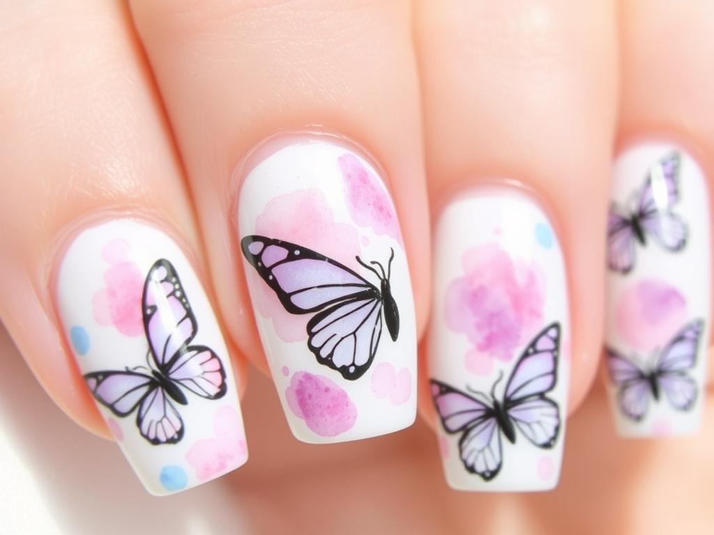 Paznokcie z motylami w stylu akwarelowym w różnych kolorach