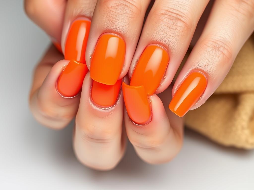 Pomarańczowe paznokcie z brokatowym akcentem na jednym palcu