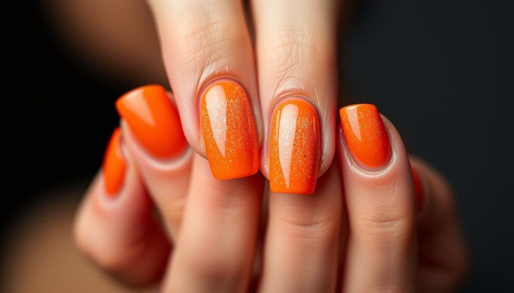Pomarańczowe paznokcie z brokatowym gradientem na końcówkach