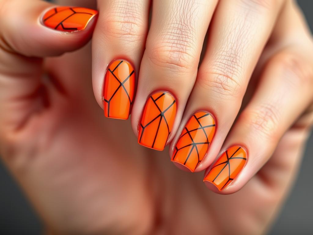 Pomarańczowe paznokcie z czarnymi geometrycznymi wzorami