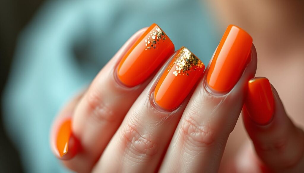 Pomarańczowe paznokcie z efektem ombre i złotymi płatkami