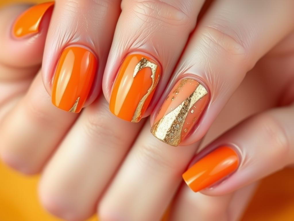 Pomarańczowe paznokcie ze złotymi zdobieniami i brokatem