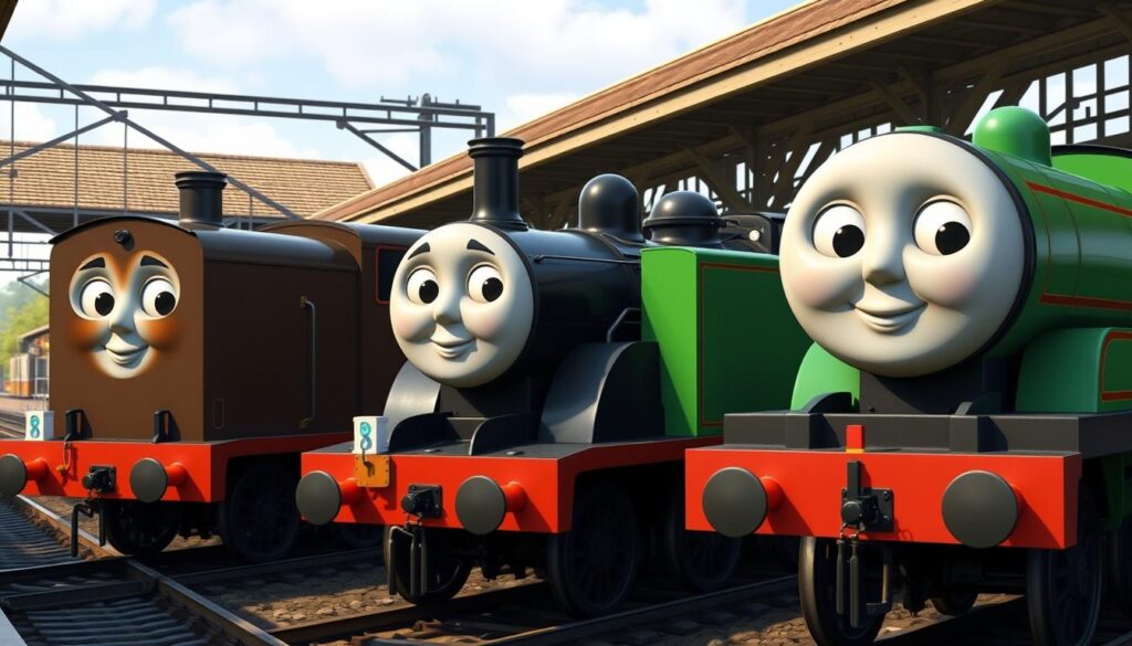 Pozostałe lokomotywy z serialu Tomek i Przyjaciele na stacji kolejowej