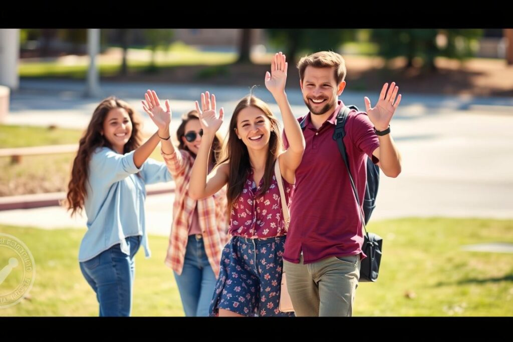Przyjaciele machający do siebie na pożegnanie z uśmiechem, symbolizujący nadzieję na ponowne spotkanie