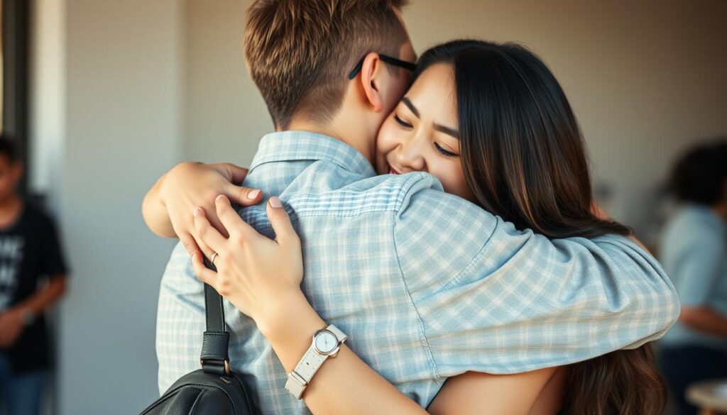 Przyjaciele przytulający się na pożegnanie, symbolizujący znaczenie odpowiednich słów w chwilach rozstania