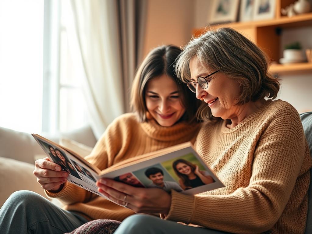 Przyjaciele wspominający wspólne chwile przy albumie ze zdjęciami, symbolizujący wdzięczność za przyjaźń