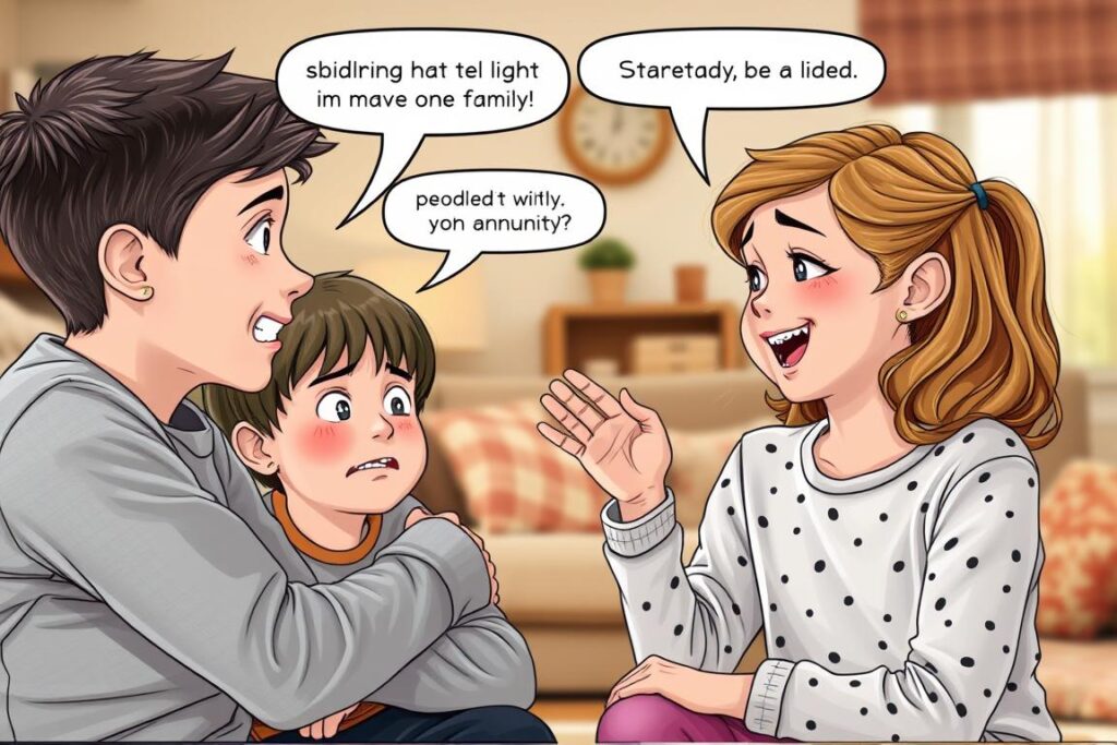 Rodzeństwo podczas żartobliwej wymiany zdań, używające tekstów na zgaszenie brata i siostry