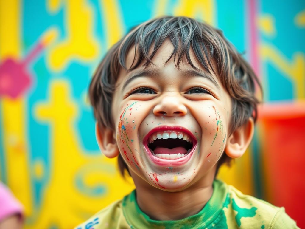 Roześmiane dziecko w zabawnej sytuacji, ukazujące humorystyczną stronę dzieciństwa