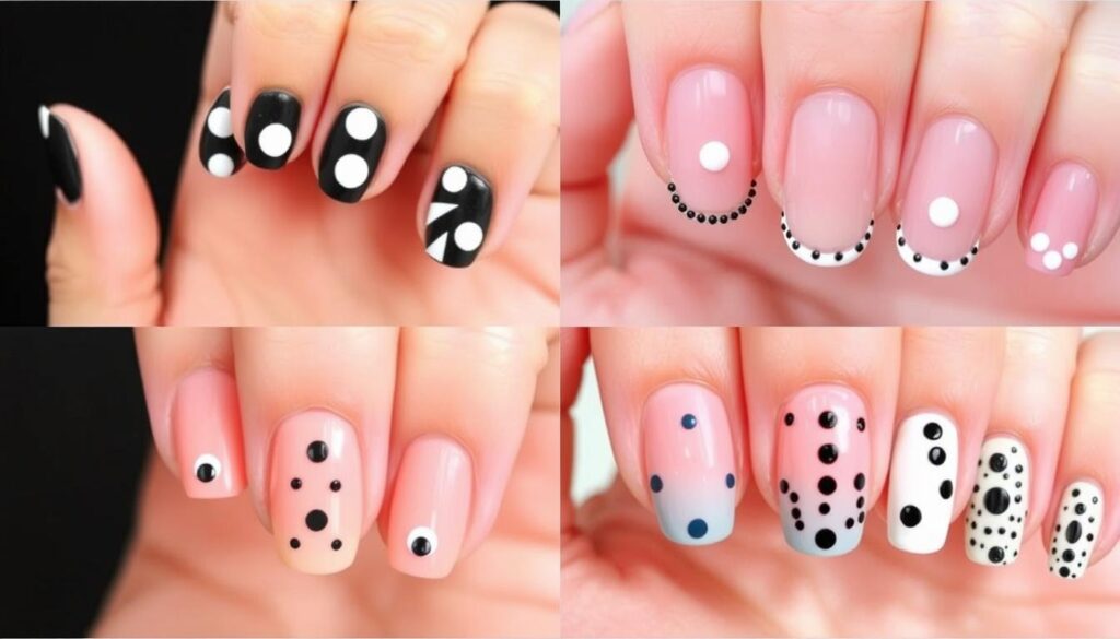 Różne wzory stworzone z kropek na paznokciach - groszki, gradient, geometryczne wzory