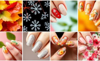 Różnorodne sezonowe stylizacje paznokci na jesień, zimę i święta ułożone w kolaż