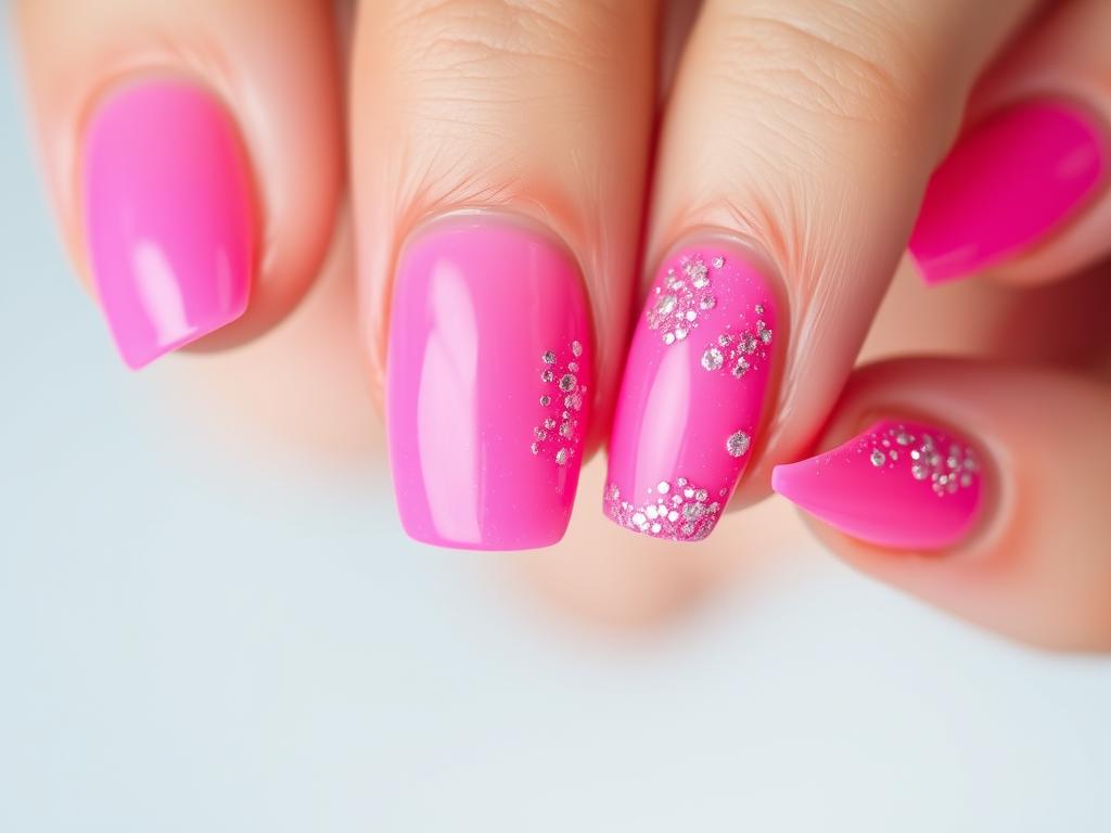 Różowe neonowe paznokcie z brokatowym wykończeniem