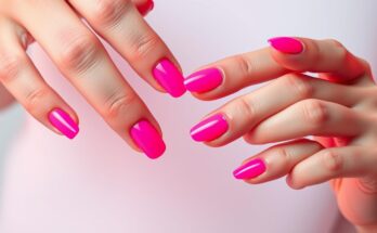 Różowe paznokcie w neonowym odcieniu z prostym geometrycznym wzorem