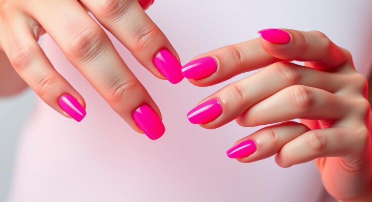 Różowe paznokcie w neonowym odcieniu z prostym geometrycznym wzorem
